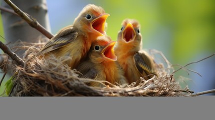 A mother bird feeding her chicks, beaks wide open in anticipation.