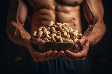 A bodybuilder holding cashew peanuts with one hand and he has only one cashew peanut in other hand 