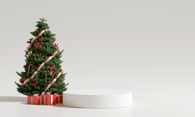 Stand product display podium with Christmas tree. Christmas concept on white background. 3D rendering	
