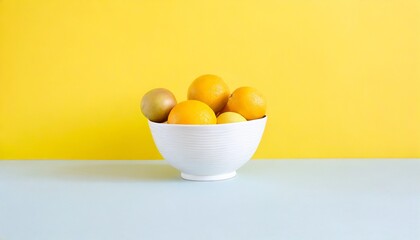Ciotola bianca con frutta su sfondo orizzontale giallo generato con ai