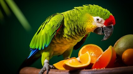 A parrot with vibrant green and yellow feathers, nibbling on a fruit.