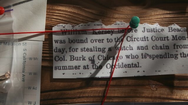 Close up shot of investigation board. Detective board with pieces of newspapers, pearl earring evidence and red thread connecting clue proofs.