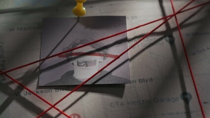 Close up shot of investigation board. Detective board with map of crime scene, pinned note with man...