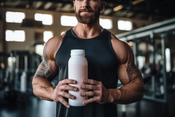 A man holding a bottle of protein powder, functional aesthetics, gymcore, photorealistic, close up 