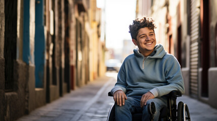 Young man sitting in a wheelchair outdoors on a city street, enjoying a sunny day.