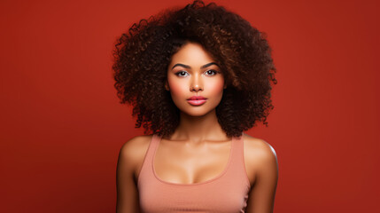 Portrait of a woman with afro-textured hair against a burnt orange background, exuding elegance and confidence.