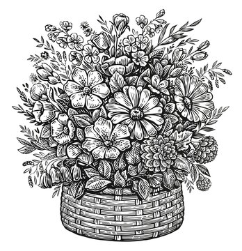 Hand drawn wicker basket with wildflowers in vintage engraving style. Flower arrangement sketch illustration