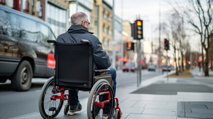 Elderly person from behind, seated in a wheelchair at a public transport stop