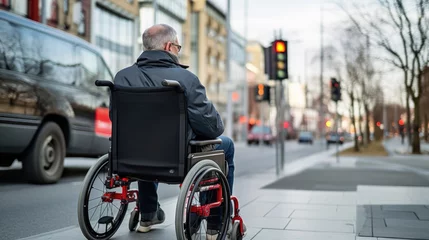 Fototapete Elderly person from behind, seated in a wheelchair at a public transport stop © MP Studio