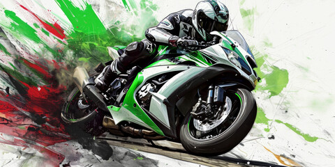 a dynamic motorcycle race. A green Motor gp and its rider in action are captured amidst a colorful, abstract background, showcasing speed and agility