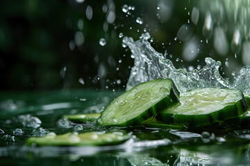 Sliced cucumber with a water splash on a green background.