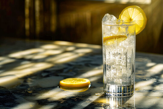 Tom Collins classic elegance, a timeless composition showcasing a perfectly garnished Tom Collins cocktail with a twist of lemon.
