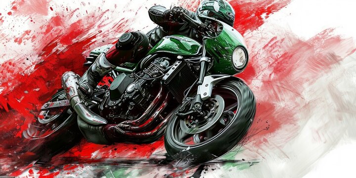 a dynamic motorcycle race. A green Motor gp and its rider in action are captured amidst a colorful, abstract background, showcasing speed and agility
