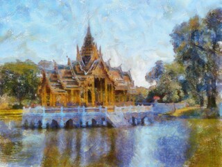 The landscape of Bang Pa In Palace Thailand Illustrations in chalk crayon colored pencils impressionist style paintings.