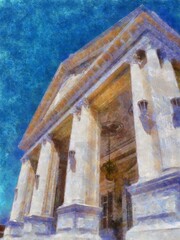 The ancient buildings european architecture Illustrations in chalk crayon colored pencils impressionist style paintings.