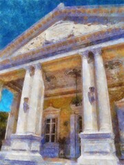 The ancient buildings european architecture Illustrations in chalk crayon colored pencils impressionist style paintings.