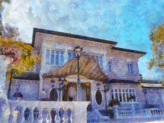 The mansion building Illustrations in chalk crayon colored pencils impressionist style paintings.
