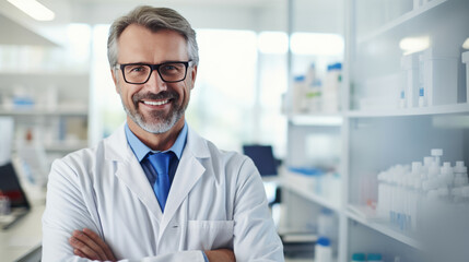 Fototapeta premium Smiling scientist with glasses and a lab coat stands confidently in a laboratory, with shelves stocked with scientific supplies in the background and colleagues working behind him.