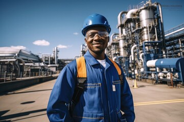 A young man walking through a chemical industry with blue work clothes, looking at camera, shot with Sony Alpha a9 II and Sony FE 200-600mm f/3-4 G OSS lens, natural ligh,  - obrazy, fototapety, plakaty
