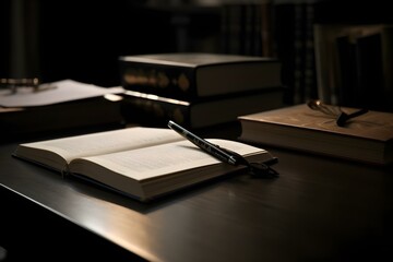 an open book with a pen on it