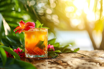 Tropical Mai Tai paradise, a vibrant composition featuring a Mai Tai cocktail adorned with tropical garnishes, evoking the spirit of a tropical paradise, with copy space. - Powered by Adobe