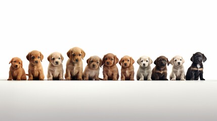 Fototapeta premium A row of puppies on white background (1) Ai Generative