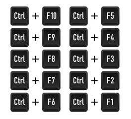 Ctrl and F10, F9, f8, F7, F6, F5, F4, F3, F2, F1 for switch between open program. Keyboard keys. Shift alt del. Computer button. Computer keyboard button set. Vector illustration