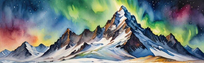 Watercolor painting of snowy mountain landscape with aurora borealis in the sky