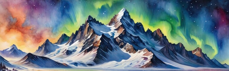 Watercolor painting of snowy mountain landscape with aurora borealis in the sky