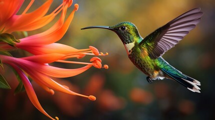 A sunbird hovering near a nectar-rich flower, tail feathers vibrant.