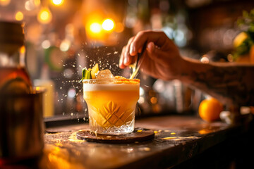 Whiskey Sour mixology action, a dynamic shot capturing the process of mixing a Whiskey Sour, showcasing the artistry and skill of a bartender in action.