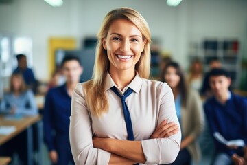 Fototapeta premium Confident teacher in the classroom, happy 