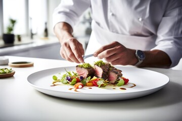 Craft an award-winning photograph chefs hands cooking steak, elegantly presented on a pristine white plate, set on a clean white kitchen table. The medium is professional DSLR photography, 