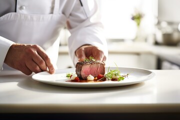 Craft an award-winning photograph chefs hands cooking steak, elegantly presented on a pristine white plate, set on a clean white kitchen table. The medium is professional DSLR photography,  - obrazy, fototapety, plakaty