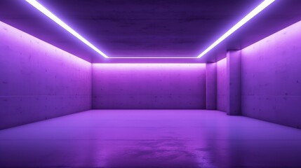 Empty modern concrete room with fluorescent neon tube ceiling lights, Purple colors 
