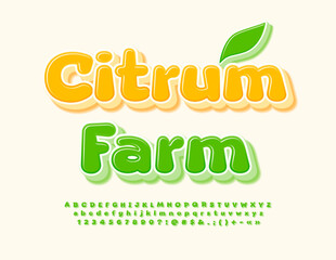 Vector eco template Citrus Farm. Glossy Green Font. Creative 3D Alphabet Letters, Numbers and Symbols set
