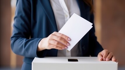 Naklejka premium Female or women Voter Holds Envelope In her Hand Above Vote Ballot for casting vote