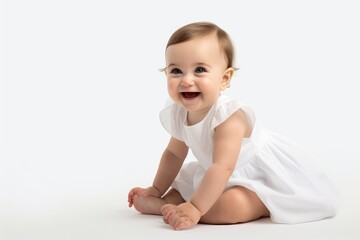 Full body profile shot of a very incredibly cute American baby girl 5 months old smiling happily and crawling, shot from a distance in a studio against a blank solid white collar background, 