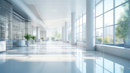 hall of modern office or medical institution in hospital, blurred background with trees and city - obrazy, fototapety, plakaty