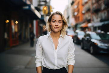 Stylish Professional: Smiling Woman in City Setting