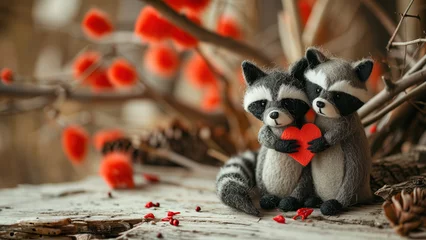 Tuinposter a cute handmade needle felt wool racoon couple, on a rustic warm background © StockUp