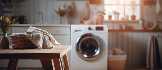 Blurry washing machine and clothes beside wooden table. - obrazy, fototapety, plakaty