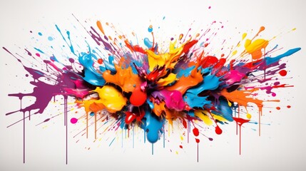 an isolated burst of energetic and colorful splatters on a pristine white surface, showcasing the lively and spontaneous qualities of this vibrant art piece.