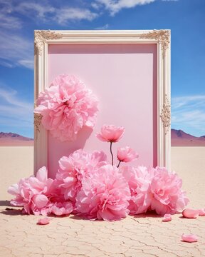 Surreal pink peonies bursting from a classic frame against a desert and blue sky