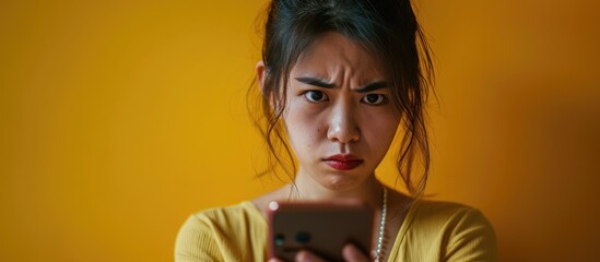 Asian woman expresses disdain and contempt while reading a message on her phone, showing disgust and envy towards others. - obrazy, fototapety, plakaty