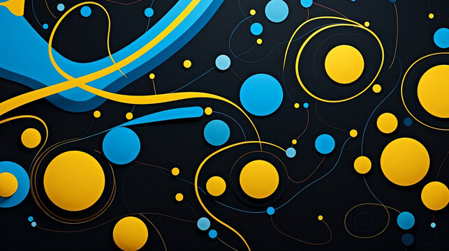 Abstracts design with patterns of yellow, blue and black dots, in the style of retro futurism, dark gray and azure, abstraction-création, kinetic lines and curves