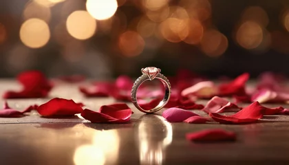 Draagtas Diamond and gold engagement wedding ring sits atop a reflective table surface surrounded by rose flower petals with blurry bokeh ethereal background © CRAIG