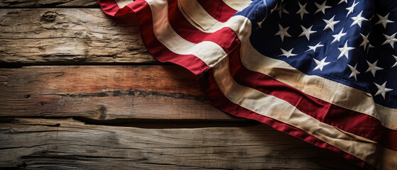 American Flag Draped on Rustic Wooden Texture