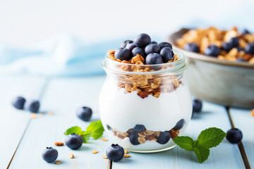 Wholesome Healthy Breakfast Close-Up of Yogurt and Blueberries Mixed with Granola and Layered in a Glass.