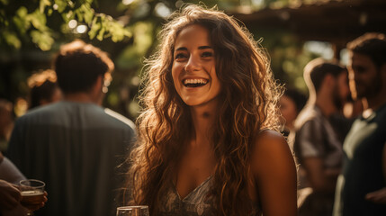 portrait of a beautiful woman at a barbecue party. backyard party.